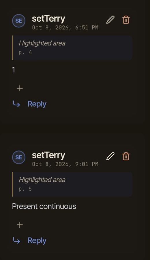 Two mobile lesson comments linked to highlighted areas on PDF pages four and five, with answers 1 and Present continuous and reply controls