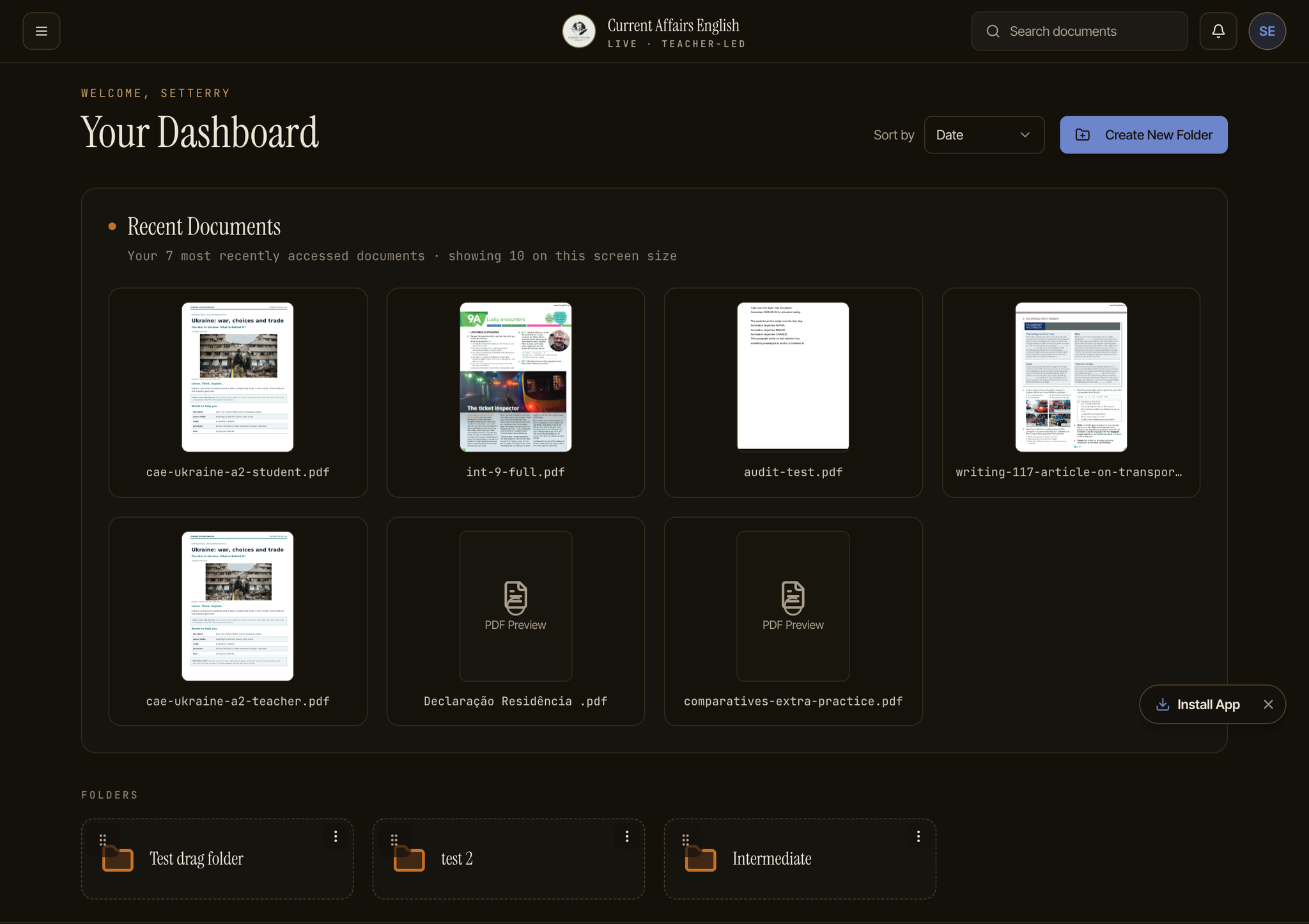 CAE Live dashboard header with document search, seven recent-document cards, date sorting, a Create New Folder control and three folders