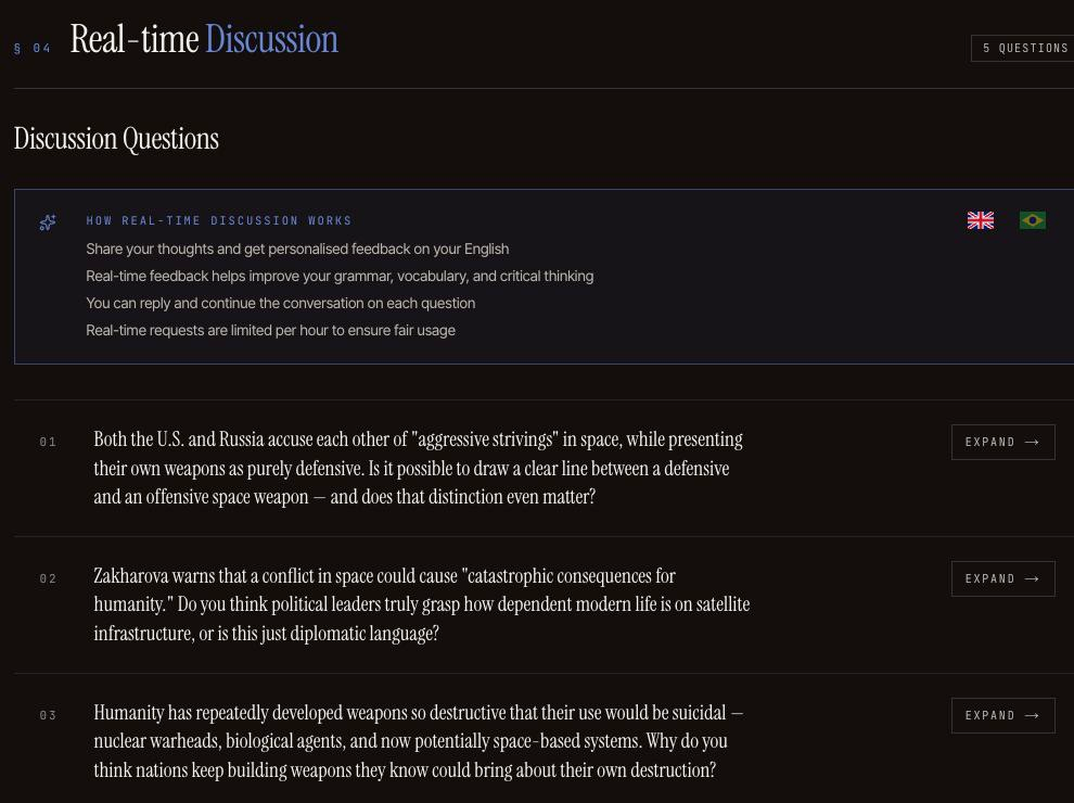 Real-time Discussion section with feedback instructions and three unanswered opinion prompts about space weapons