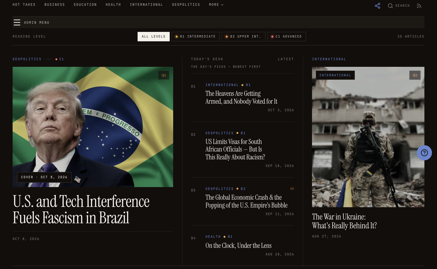Current Affairs English editorial homepage with subject navigation, B1, B2 and C1 reading-level filters and news cards