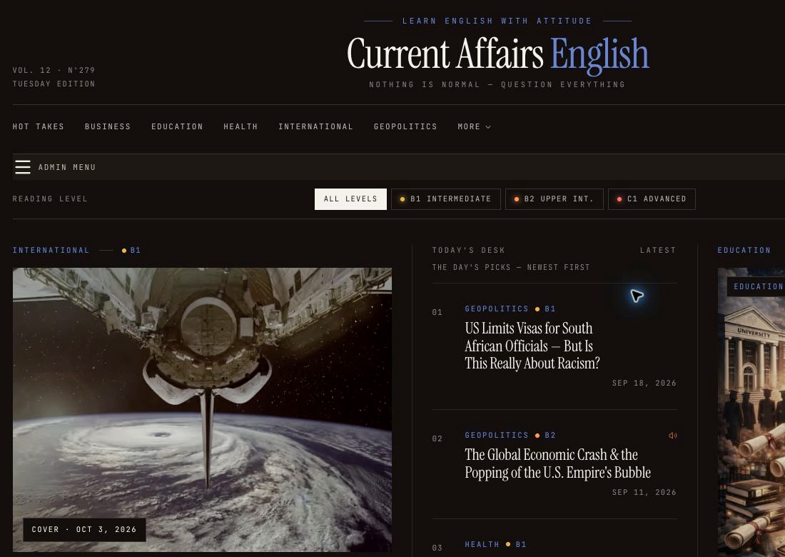 Current Affairs English editorial homepage with subject navigation, B1, B2 and C1 reading-level filters and news cards