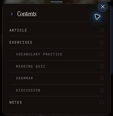 Mobile lesson Contents panel with Article, Exercises, Vocabulary Practice, Reading Quiz, Grammar, Discussion and Notes controls