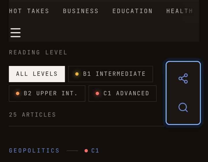 Mobile CAE homepage subject navigation, reading-level filters and floating share and search controls