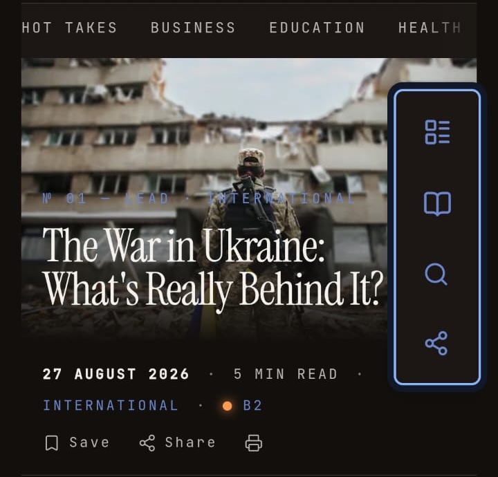 Logged-out mobile CAE lesson with floating contents, reading, search and share controls beside the Ukraine article