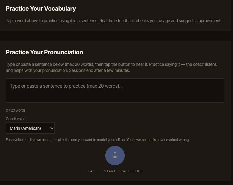 Vocabulary sentence-practice instructions and an empty pronunciation field with a coach voice selector and inactive start control