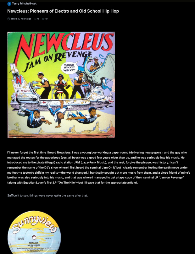 Published Newcleus article with album artwork and longer writing