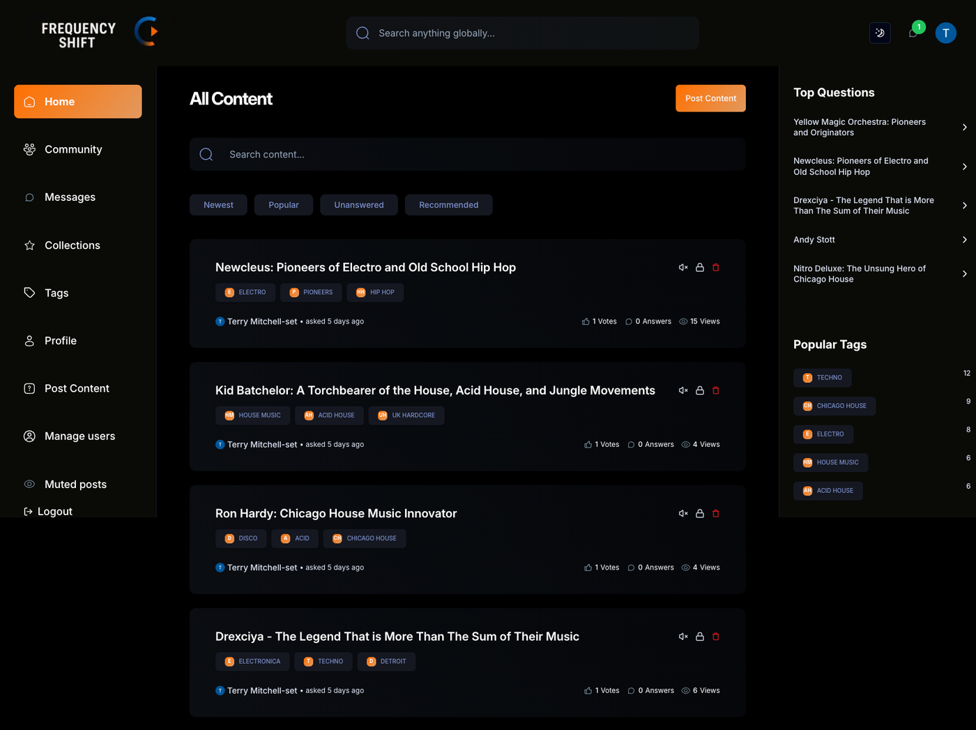 Frequency Shift Forum homepage with navigation, search, four complete post cards, top questions and popular tags