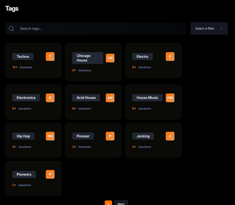 Forum Tags directory with search, topic cards and pagination
