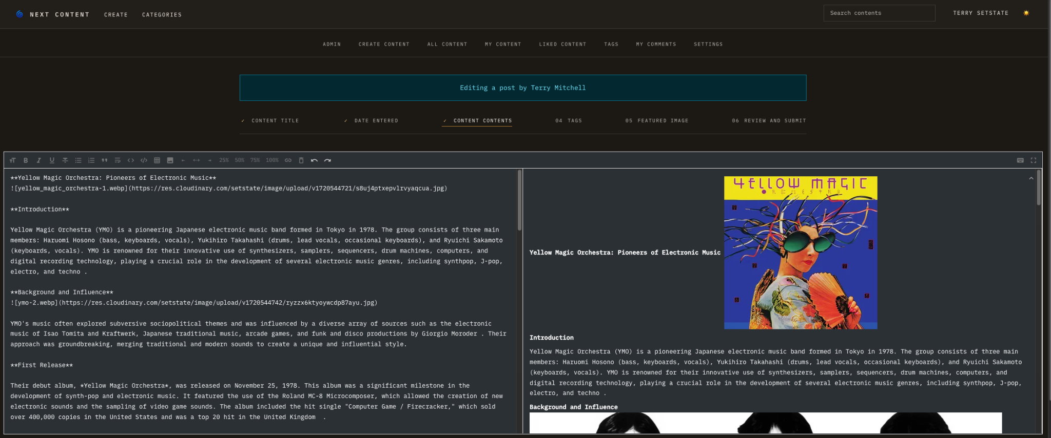 Populated Markdown editor beside rendered article text and images, beneath the editing progress strip
