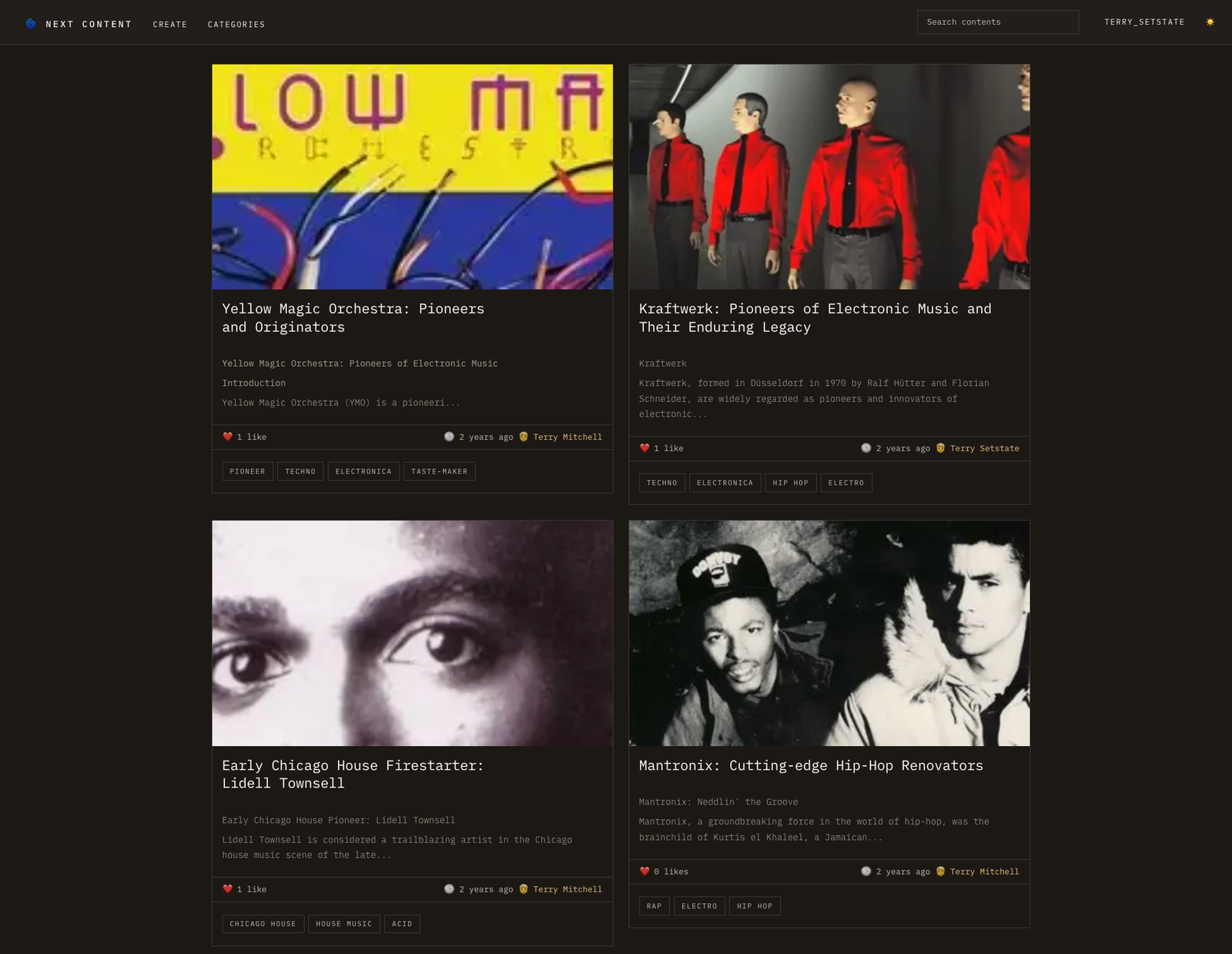 Dark Next Content homepage with search, categories and complete article cards with authors and topic tags