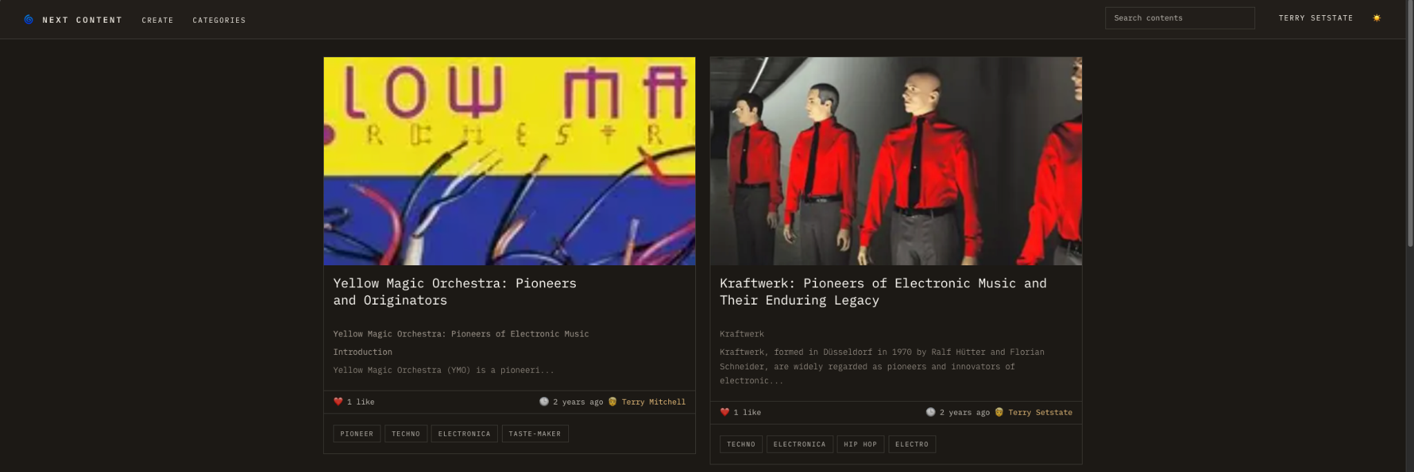 Dark Next Content homepage with search, categories and complete article cards with authors and topic tags